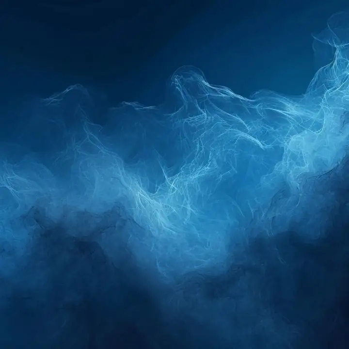 Pale blue smoke curling through near-black water