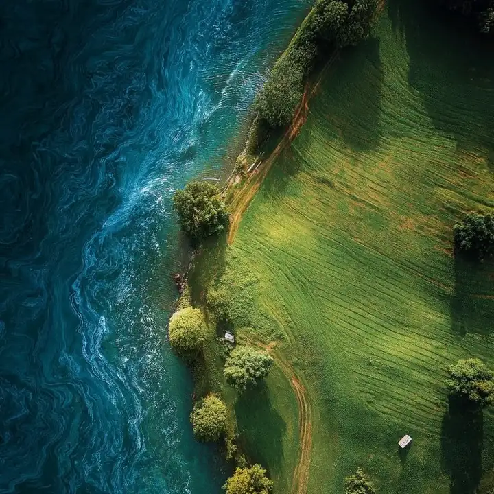Green fields meeting turquoise water, seen from above