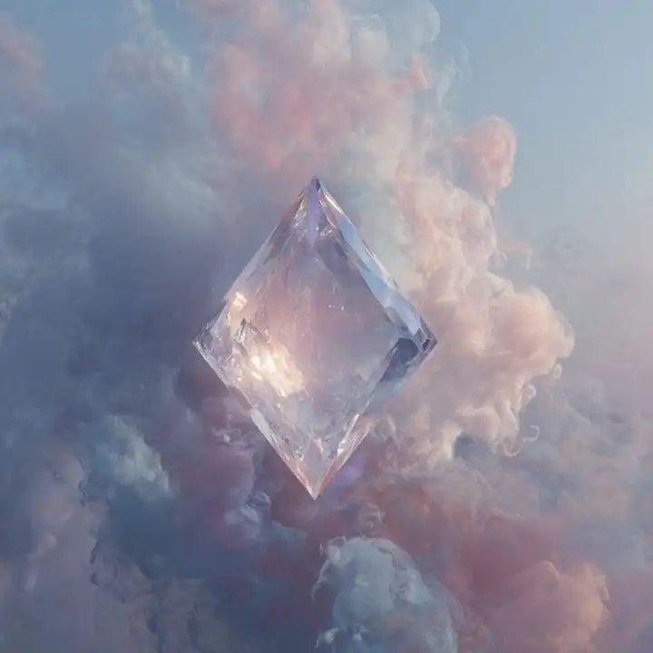 A clear crystal suspended in muted cloud
