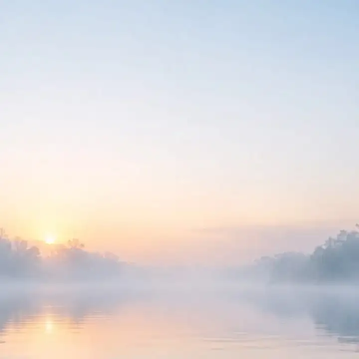 Sunrise over a still lake held in mist