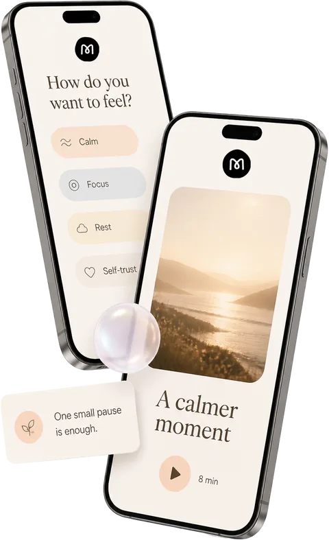 Mindation app screens showing mood choices and a short calming practice