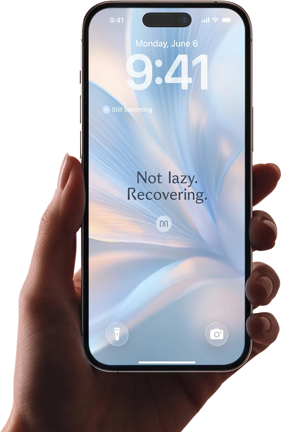 Concept visual: a hand holding an iPhone, the lock screen showing a Mindation affirmation and a small widget under the clock