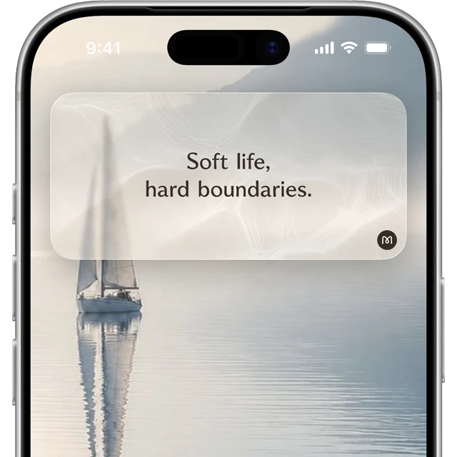 Concept visual: the top of an iPhone home screen with a Mindation widget reading Soft life, hard boundaries