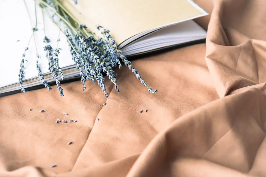 Lavender flowers beside an open notebook on soft brown fabric