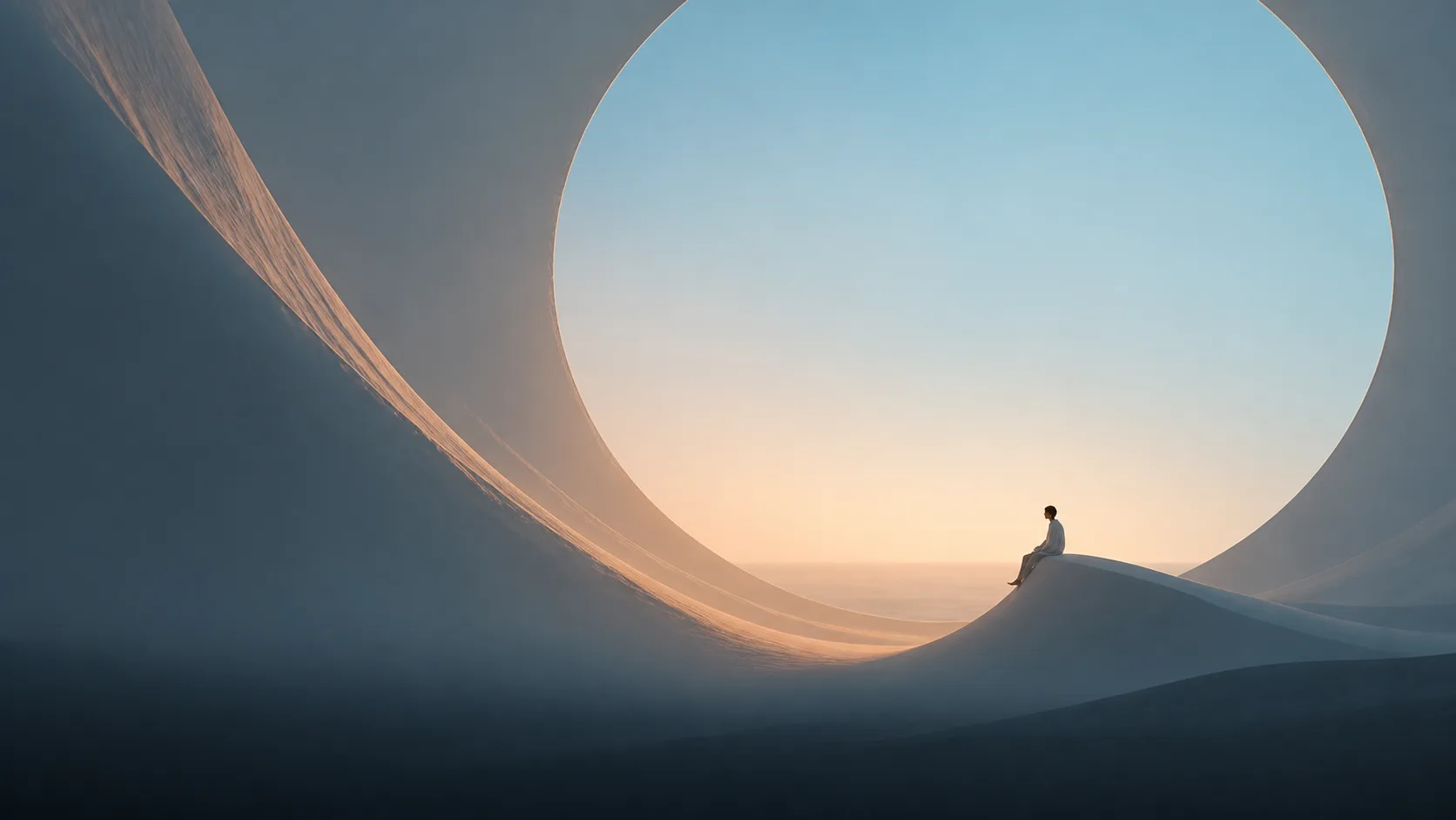 A small figure seated on a curved ridge beneath a luminous circular sky