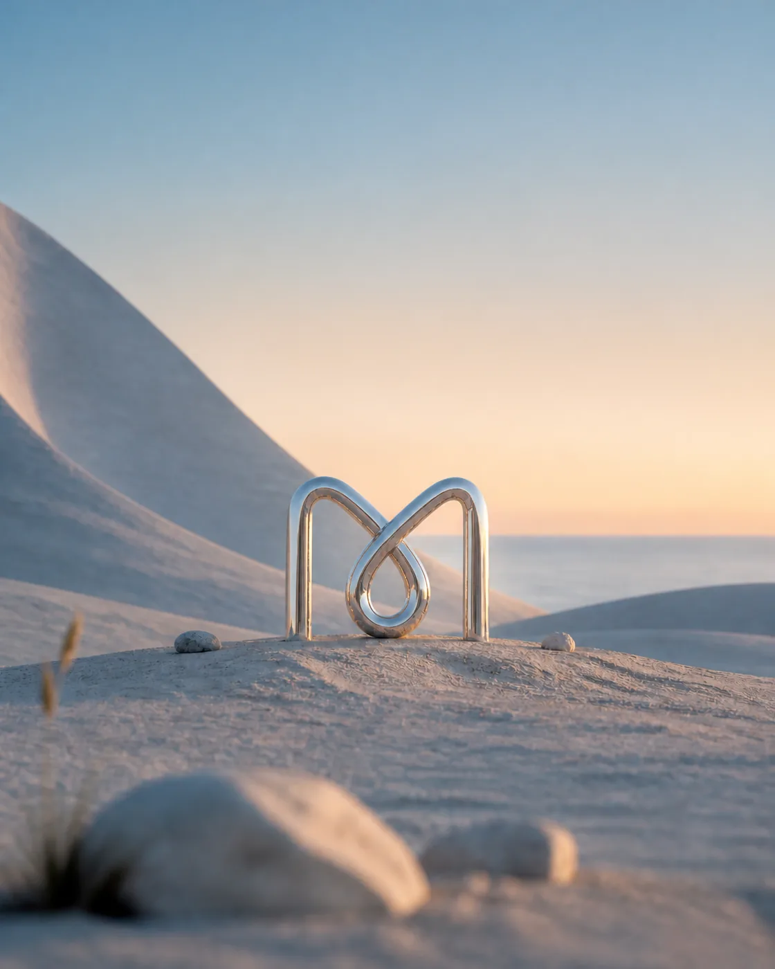 A polished metal Mindation sign in a quiet sculptural landscape at dawn